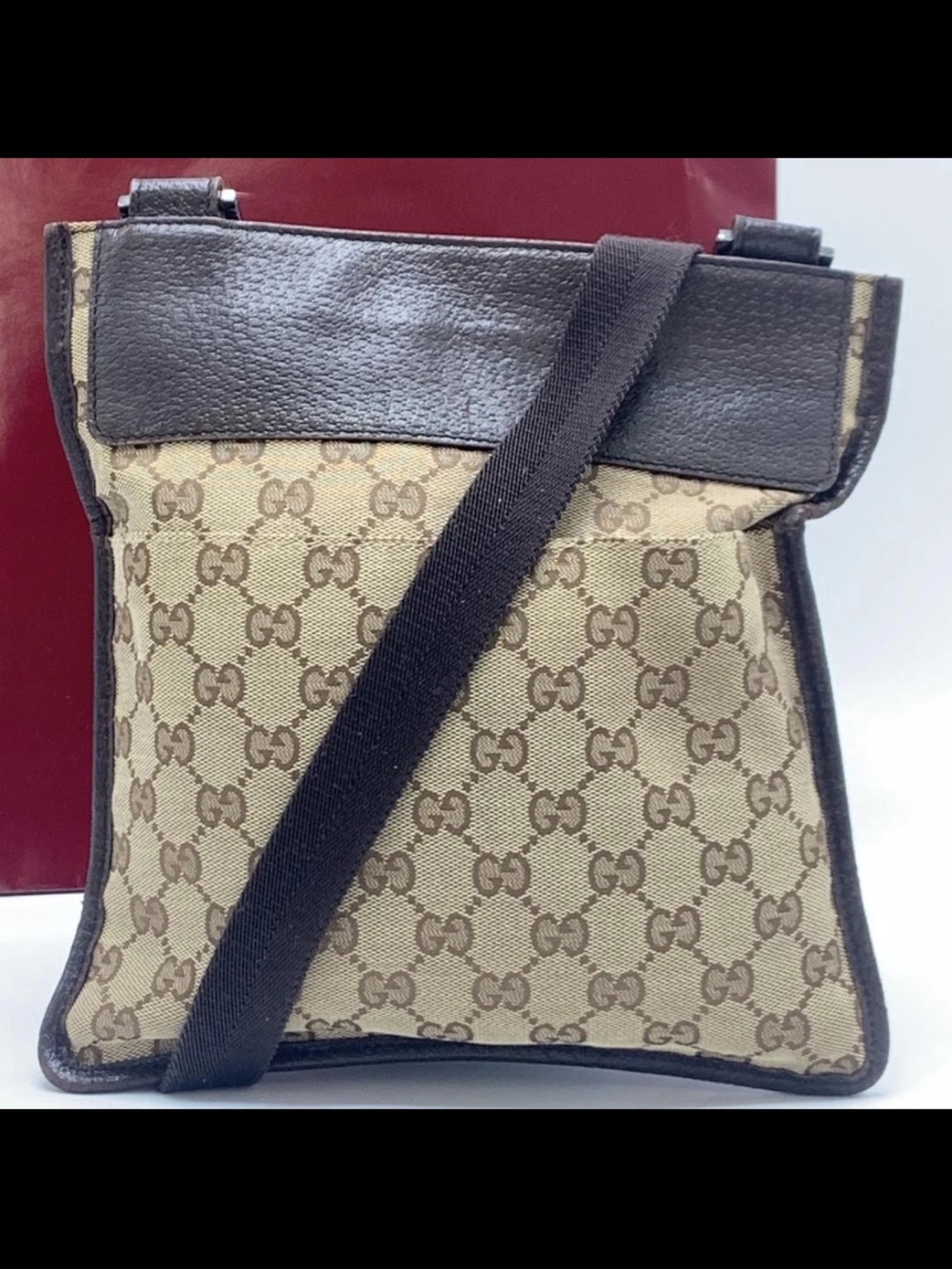 Gucci Beige Canvas GG Crossbody with Brown Trim